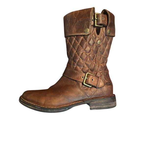 UGG Boot Brown Leather Quilted Mid High Conner Fawn Australia side zip sizs 9 - Picture 8 of 14